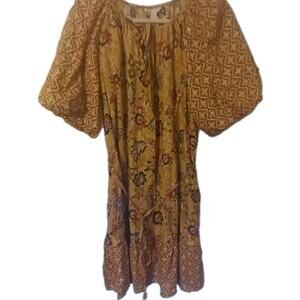 Cato XL Yellow Floral Balloon Sleeve Swiss Dot Midi Dress Boho Casual Vacation